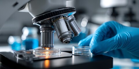 Leinwandbilder - Close-Up View of a Scientist Using a Microscope for Analysis in a Laboratory Environment with Blue Gloves in a Professional Setting
