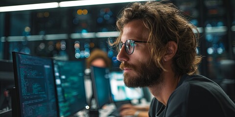 Leinwandbilder - Male Programmer Focused on Coding in Modern Office Environment with Multiple Monitors Displaying Complex Data and Servers in Background