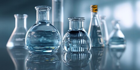Leinwandbilder - Clear laboratory glassware on reflective surface with blue background, featuring beakers and flasks designed for scientific research and experiments