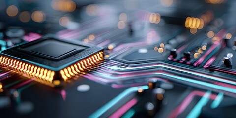 Aufkleber - Abstract futuristic circuit board technology design with glowing microchip and vibrant neon lines for digital and tech backgrounds