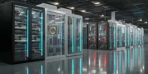 Leinwandbilder - Futuristic Data Center View with Illuminated Racks and Server Equipment in a High-Tech Environment