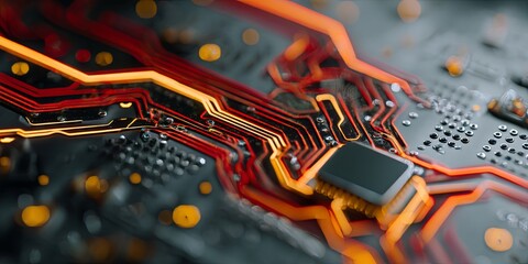 Poster - Abstract futuristic circuit board technology design with glowing microchip and vibrant neon lines for digital and tech backgrounds