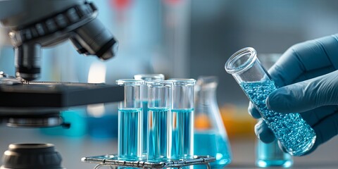 Leinwandbilder - Medical technician conducts laboratory experiment with test tubes, microscope, and blue liquid in bright light for scientific research and analysis