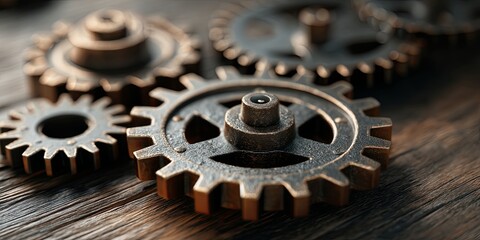 Aufkleber - Collaborative Teamwork in Business with Connected Cogs and Gears on Wooden Desk Representation of Partnership, Innovation, and Joint Efforts in Project Management