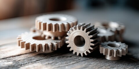 Aufkleber - Collaborative Teamwork in Business with Connected Cogs and Gears on Wooden Desk Representation of Partnership, Innovation, and Joint Efforts in Project Management