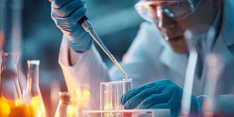 Leinwandbilder - Laboratory Researcher Conducting Experiments with Pipette in Modern Science Laboratory Setting with Beakers and Test Tubes