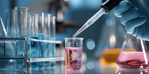 Leinwandbilder - Laboratory Researcher Conducting Experiments with Pipette in Modern Science Laboratory Setting with Beakers and Test Tubes