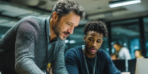 Fototapete - Professional male mentor guiding young male trainee in modern office environment, teamwork and collaboration in technology and learning setting