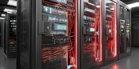 Leinwandbilder - High-Tech Server Rack with LED Indicators and Cables: Modern Data Center Technology for Cloud Computing and Network Storage Solutions