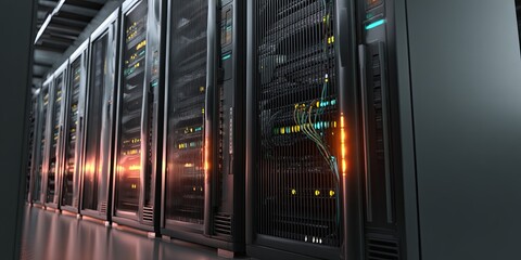 Leinwandbilder - High-Tech Server Rack with LED Indicators and Cables: Modern Data Center Technology for Cloud Computing and Network Storage Solutions