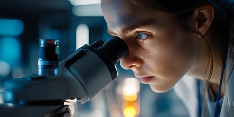 Leinwandbilder - Young Female Scientist Analyzing Samples through Microscope in Modern Laboratory Setting with Innovative Technology and Focused Expression