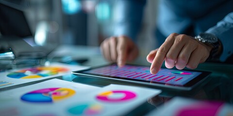 Aufkleber - Business professional analyzing data with modern tablet on glass desk showcasing colorful graphs and charts in a bright office environment
