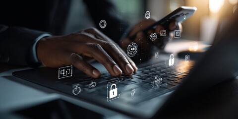 Aufkleber - Business professional using laptop and smartphone with digital security icons, representing modern technology and cybersecurity concepts in workspace