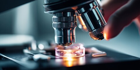 Leinwandbilder - Close-Up of a Scientist Using a Microscope in a Laboratory for Research and Analysis of Samples in a Modern Medical Environment