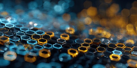 Poster - Abstract Technology Background with Geometric Shapes, Hexagons, and Vibrant Light Effects for Digital Design and Modern Aesthetic Use