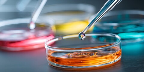 Leinwandbilder - Colorful laboratory scene with pipette and petri dish filled with vibrant liquid, showcasing scientific research and creative experimentation in microbiology