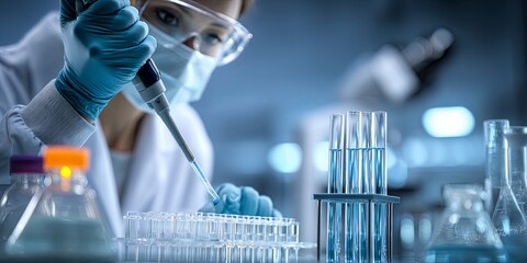 Leinwandbilder - Woman in lab coat uses pipette to transfer liquid into test tubes, showcasing modern scientific research and laboratory techniques in a bright lab environment
