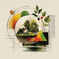Poster - Abstract Geometric Landscape with Trees, Circles, Triangles, and Water Reflections in a Contemporary Style