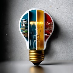 Fototapete - A Lightbulb Divided: A Conceptual Representation of Diverse Ideas and Innovation in a Spectrum of Colored Segments.