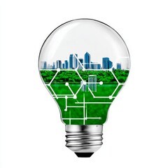 Fototapete - Sustainable City Innovation: Lightbulb Concept with Green Energy and Technological Connection for Future Development
