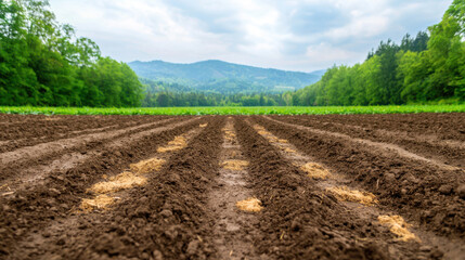 Wall Mural - freshly turned earth with visible patches, showcasing serene agricultural landscape