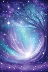 Wall Mural - A under 200 characters: A mystical tree glows under a star-filled sky, surrounded by swirling lights in a magical, dreamlike landscape of purples and blues.
