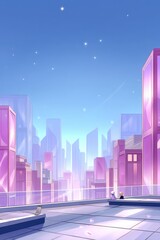 Wall Mural - Futuristic cityscape with pink skyscrapers under a starry sky, two people sitting on a rooftop, enjoying the serene evening view.