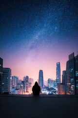Wall Mural - A person sits on a rooftop overlooking a vibrant city skyline at night, beneath a star-filled sky.