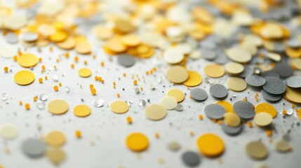 Fototapete - Pale yellow and soft gray bokeh dots scattered around with water droplets on a textured background.
