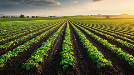 Wall Mural - lush green crops grow in neat rows under golden sunset, creating serene farm landscape