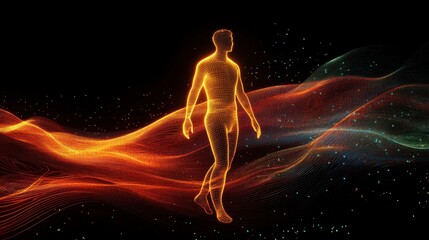 Leinwandbilder - Glowing Wireframe Human Figure Walking on Radiant Energy Waves in a Futuristic and Conceptual Space