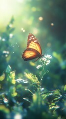 Poster - Butterfly resting gently on a delicate white flower in a lush green field illuminated by soft sunlight