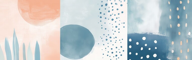 Leinwandbilder - Abstract watercolor painting with pastel shapes, dots, and brush strokes in blue and peach tones for calming backgrounds