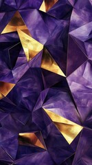Fototapete - Low-poly geometric pattern in shades of deep purple and gold, with sharp edges and textured surfaces, creating a luxurious and mod