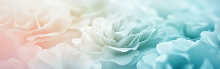 Poster - Elegant gradient background transitioning from mellow peach to aqua featuring floral petals in a macro, soft focus, ethereal composition