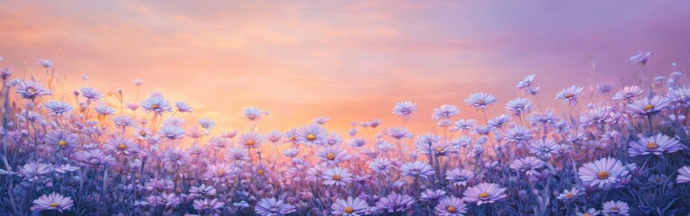 Leinwandbilder - Dreamy Meadow of Lavender Daisies at Sunset: A Serene Floral Landscape Painting with Soft, Pastel Colors