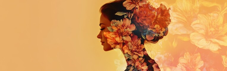Leinwandbilder - Woman's ethereal profile adorned with vibrant floral patterns, set against a soft orange gradient background, symbolizing beauty and nature