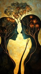 Leinwandbilder - Abstract Portrait of Two Faces in Love with Tree Imagery and Golden Light