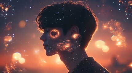 Poster - Dreamy portrait of a man's profile filled with stars and cosmic elements against a warm, colorful sunset background for ethereal artwork