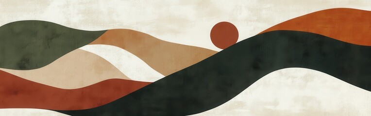 Leinwandbilder - Abstract landscape art in warm earth tones with layered geometric shapes and a sun element in a modern minimalist style