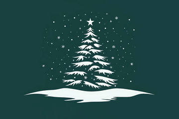 Elegant christmas tree silhouette in white with snowfall on dark green background