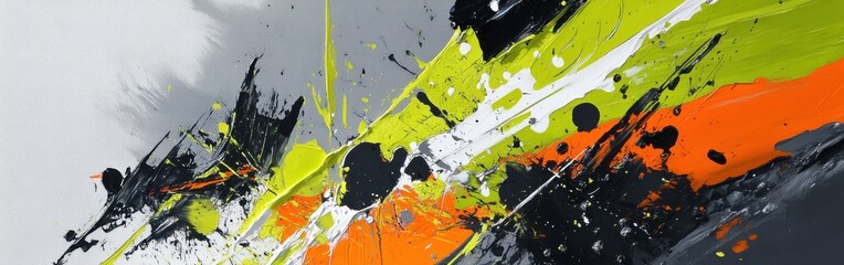 Poster - Dynamic Abstract Painting with Bold Splashes of Black, White, Orange, and Yellow on Textured Canvas for Modern Art and Design