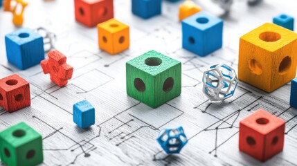 Colorful geometric blocks on blueprint background, ideal for educational and creative concepts