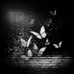 Poster - Ephemeral Flight: A Noir Symphony of Butterflies Emerging from the Darkness, Wings Dancing with Light and Shadow.