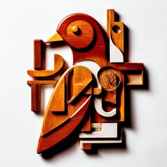 Fototapete - Geometric Wood Bird Sculpture on White Background, Modern Art Creation with Abstract Elements
