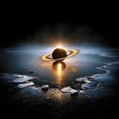 Fototapete - Saturn's Dawn: A Cosmic Reflection on a Frozen World, Rings and Sun's Radiance Across the Icy Expanse