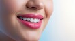 © Grosir - Close Up of Rosy Lips and Healthy Smile with Soft Skin Texture in Pastel Blue to White Gradient Background Perfect for Beauty and Cosmetic Projects