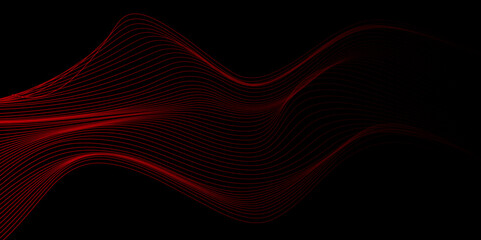 Aufkleber - Abstract wavy red curved line on dark black background. vector futuristic background with particle waves Beautiful shaped array of glowing line. abstract volume voice technology vibrate and music bg.	