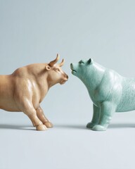 Poster - Minimalist Market Dynamics Ceramic Bull and Bear Sculpture Visualizing Investment Volatility - Contemporary Financial Strategy and Trend Forecasting
