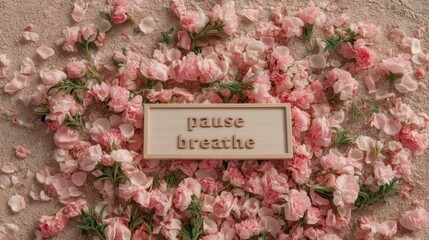 Aufkleber - Mindful Aesthetic Soft Pink Blossom Wellness Wall Art with Minimalist Pause and Breathe Typography - Inspirational Self-Care Trend for Mental Health Awareness